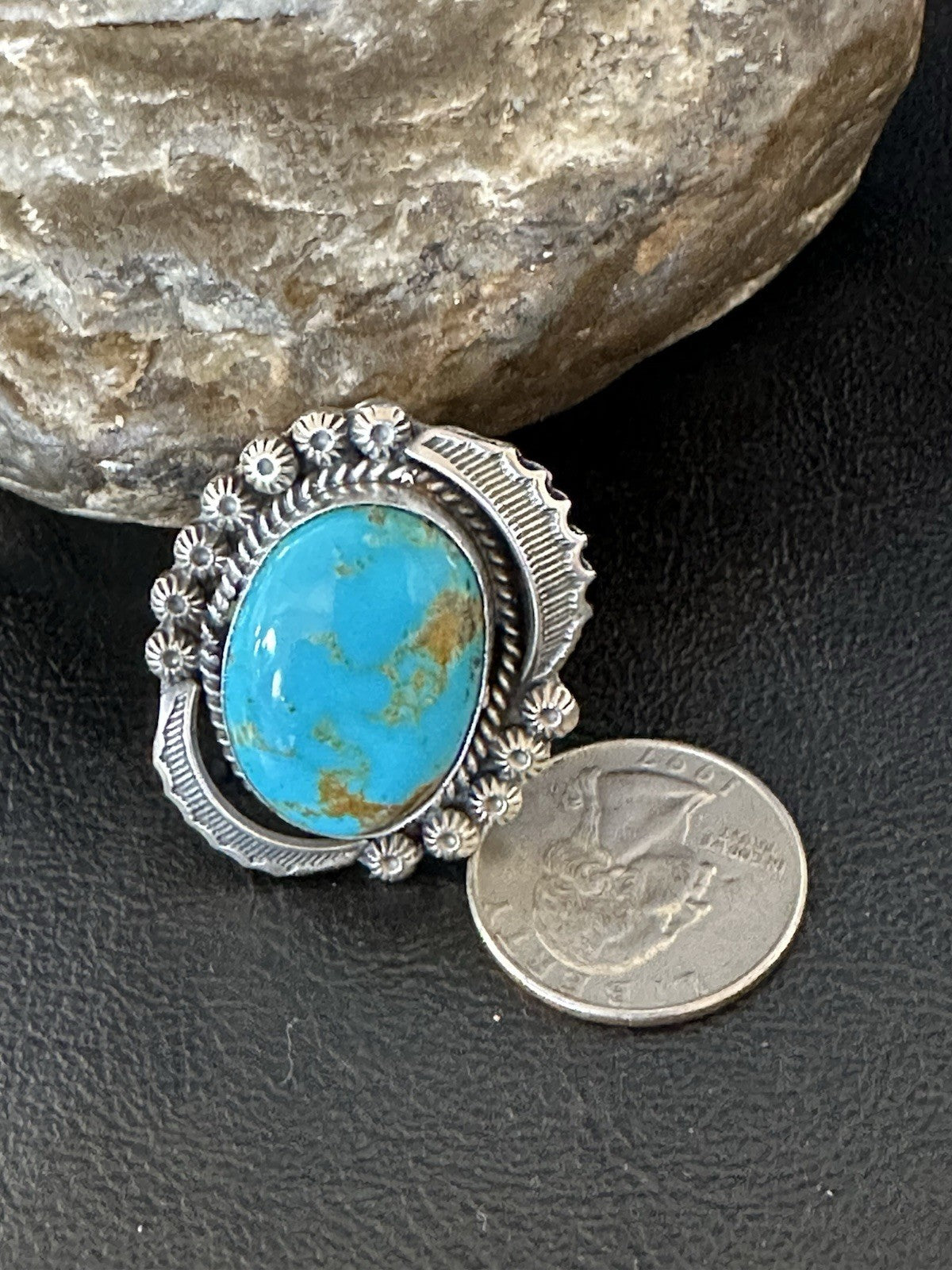 Mens Blue Kingman Turquoise Navajo Sterling Silver Adjustable Ring Size 9 19417