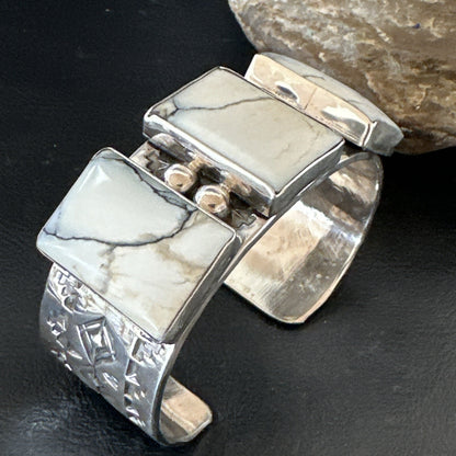 Mens Womens White Buffalo Turquoise Navajo Sterling Silver Cuff Bracelet 17946