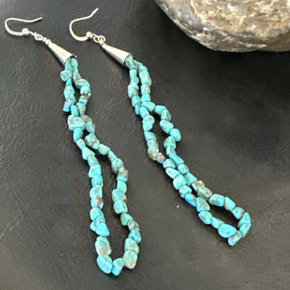 XL Blue Turquoise Nugget Bead Sterling Silver Beads Navajo Earrings 4.5" 18095