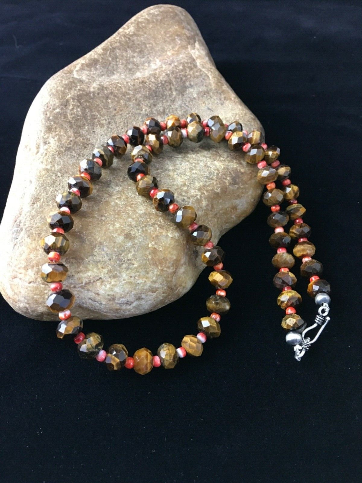 Tiger's Eye & Spiny Oyster Navajo Sterling Silver Necklace 1793