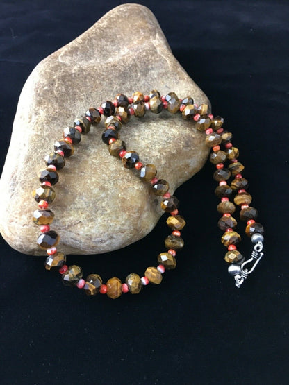 Tiger's Eye & Spiny Oyster Navajo Sterling Silver Necklace 1793