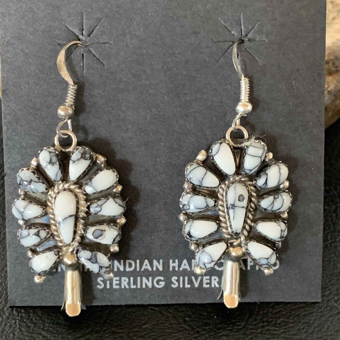 Cluster Navajo White Buffalo Turquoise Sterling Silver Dangle Earrings 12837