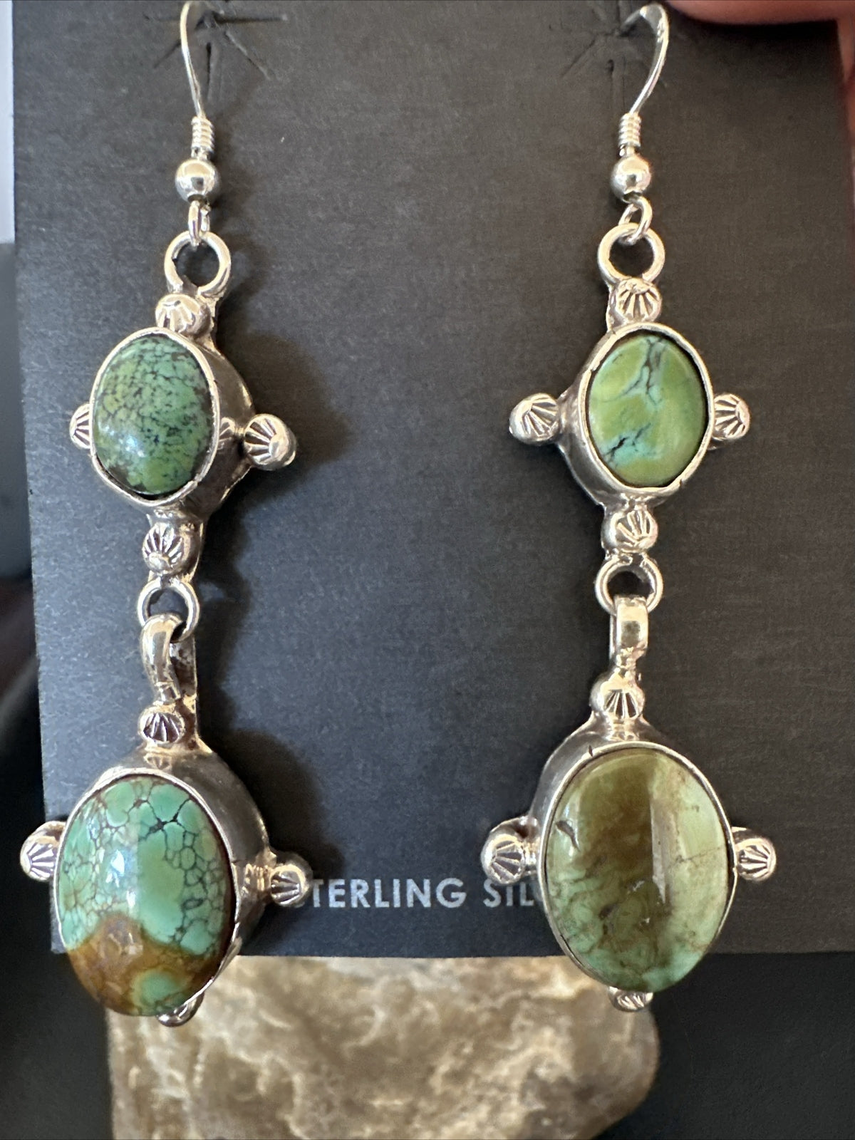 Native Navajo Green Turquoise Sterling Silver Dangle Earrings 2” 17695