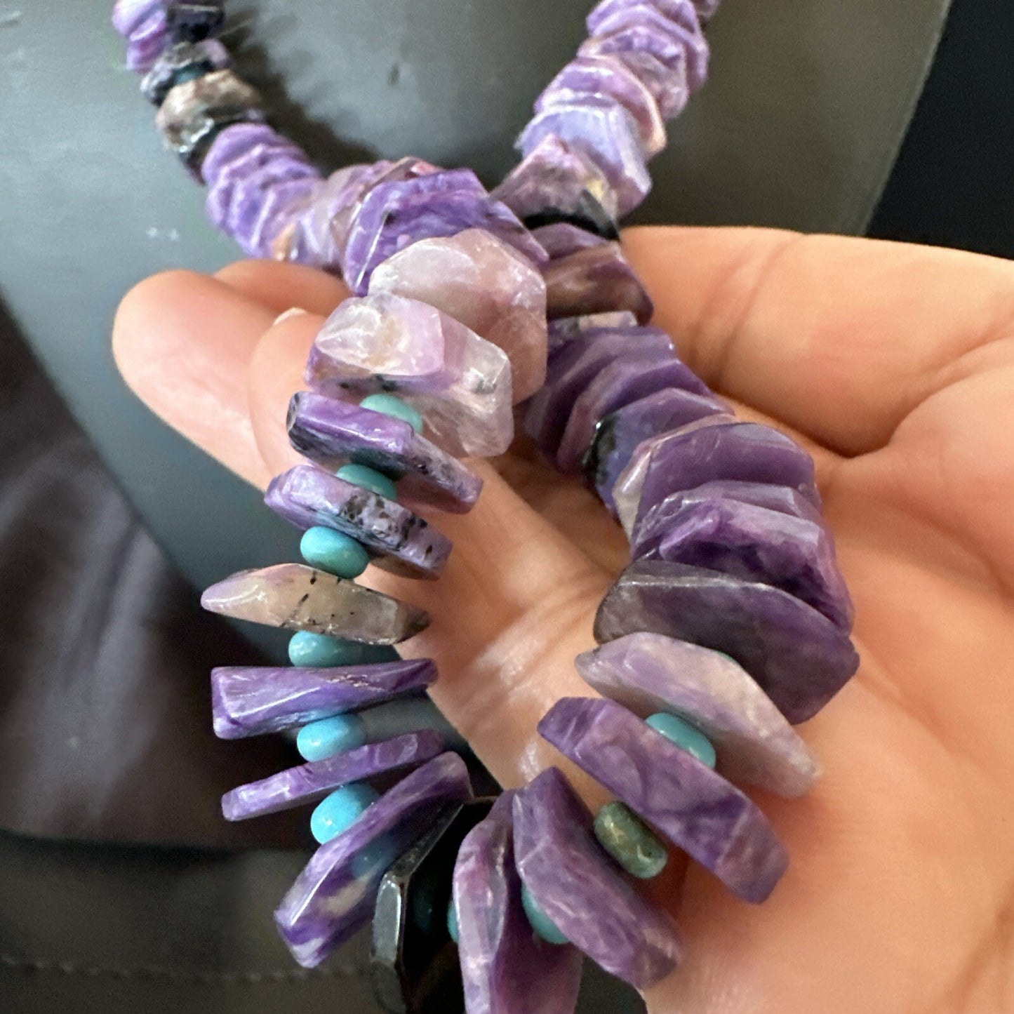 Popular Purple Charoite Blue Turquoise Navajo Sterling Silver Necklace 23” 18053
