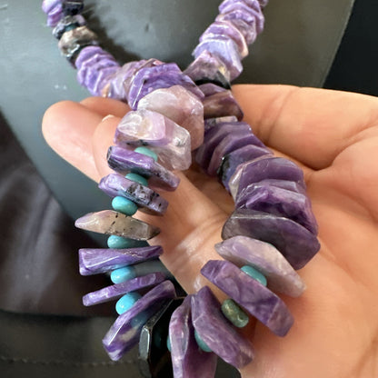 Popular Purple Charoite Blue Turquoise Navajo Sterling Silver Necklace 23” 18053