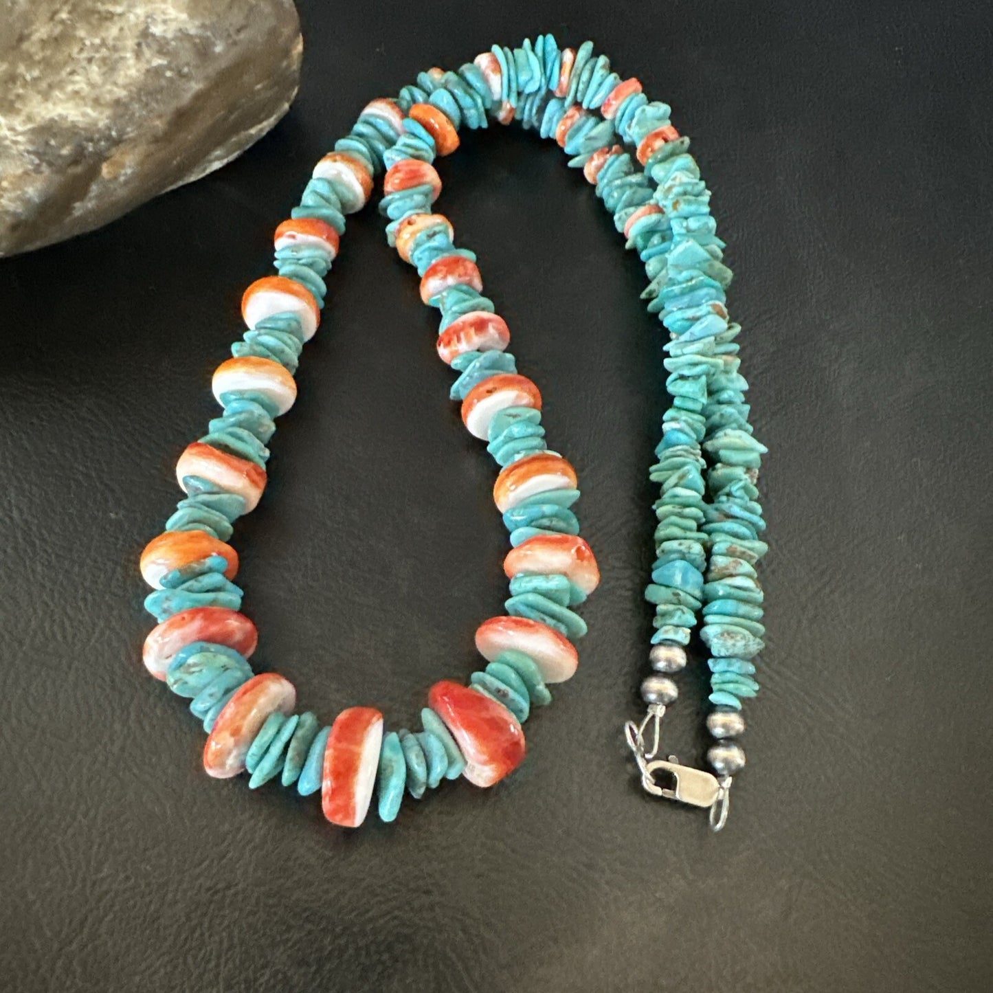 Red Spiny Oyster Blue Turquoise Navajo Sterling Silver Necklace 23" 18267