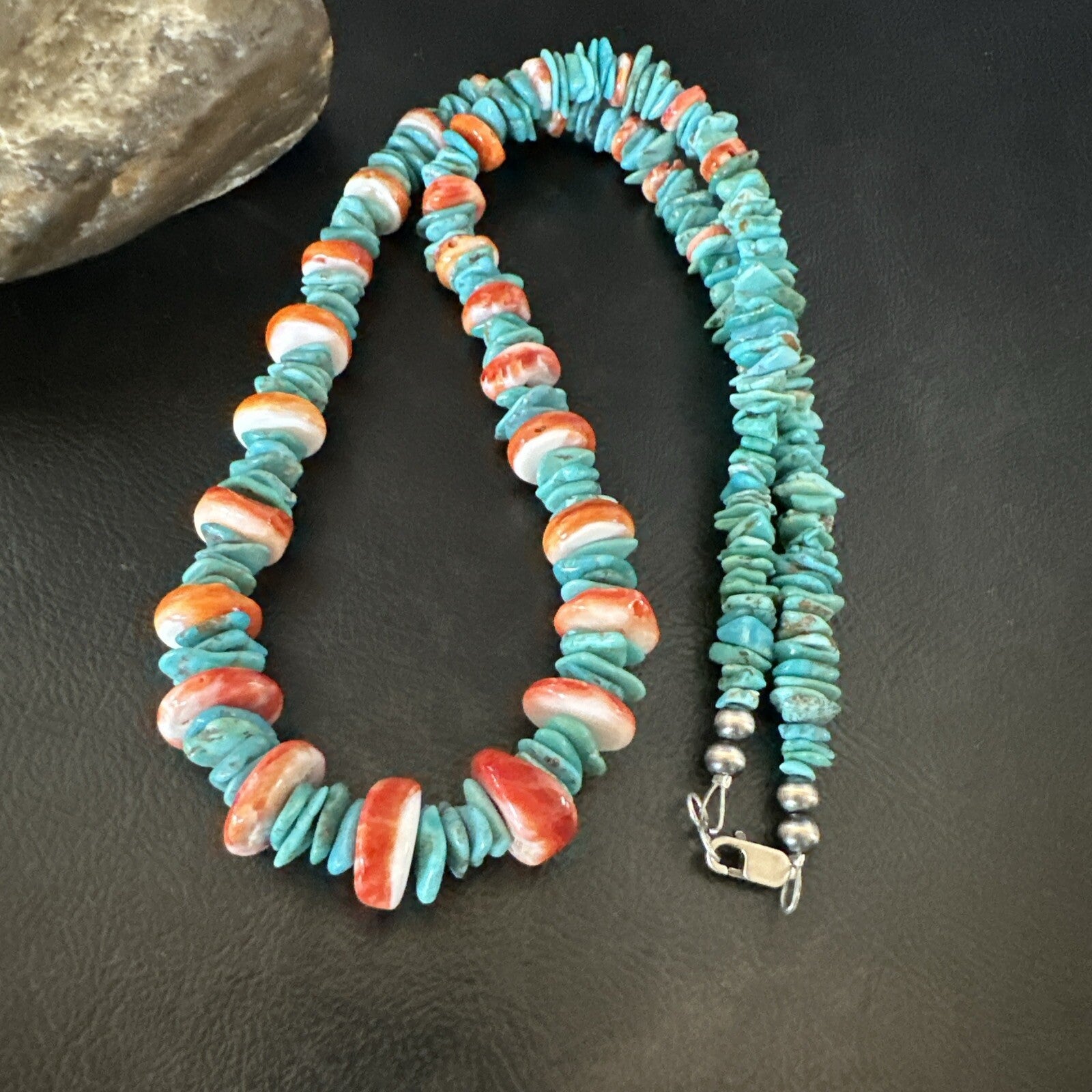 Red Spiny Oyster Blue Turquoise Navajo Sterling Silver Necklace 23" 18267