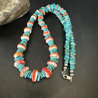Red Spiny Oyster Blue Turquoise Navajo Sterling Silver Necklace 23" 18267