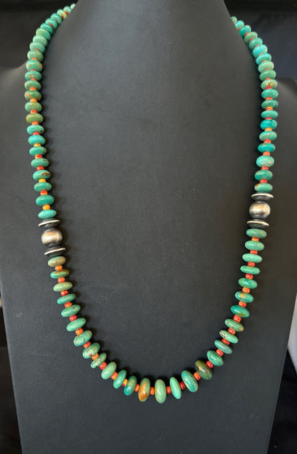 Green Turquoise Spiny Navajo Pearls Sterling Silver Necklace 26” 19682