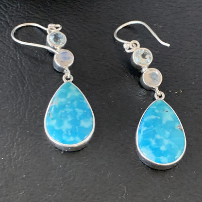 Womens Blue Kingman Turquoise Navajo Sterling Silver Earrings 12034