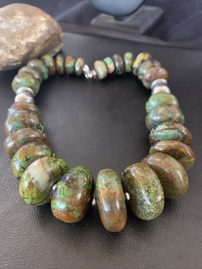 Green Natural Turquoise Chunky Graduated Navajo Sterling Silver Necklace 11765