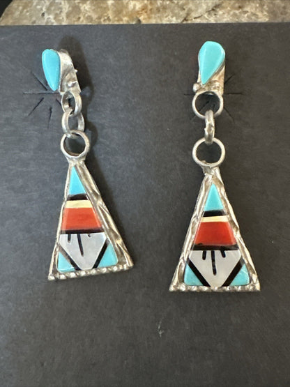 Turquoise Onyx Inlay Zuni Sterling Silver Old Pawn Earrings 00269