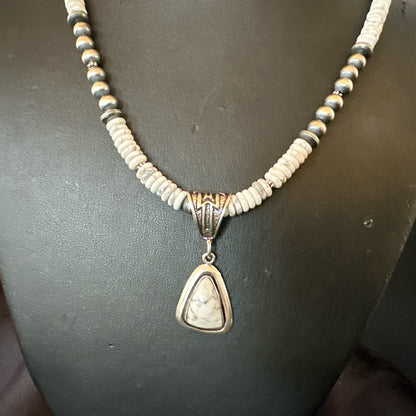 White Buffalo Turquoise Pendant Navajo Pearls Sterling Silver Necklace 22" 18260