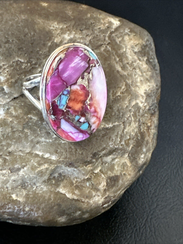 Blue Turquoise Purple Spiny Oyster Navajo Ring Size 10 | Sterling Silver | Authentic Native American Handmade | 18203