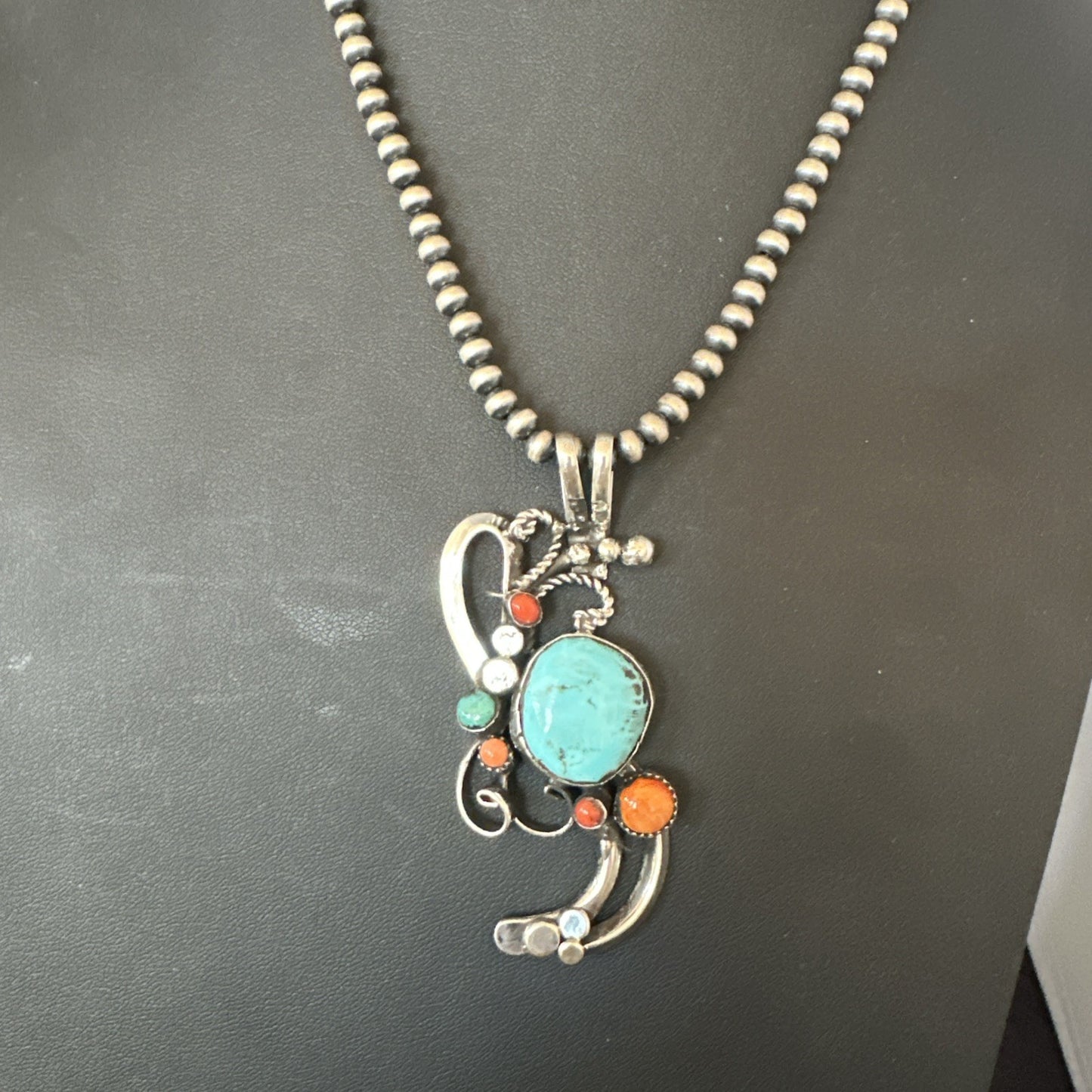 Multicolor Turquoise Spiny Navajo Sterling Silver Cluster Pendant Necklace 19683