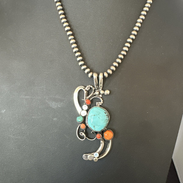 Multicolor Turquoise Spiny Navajo Cluster Pendant Necklace | Sterling Silver | Authentic Native American Handmade | 19683