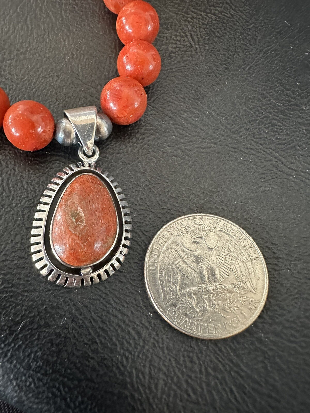Navajo Apple Sponge Coral Sterling Silver Necklace Pendant 20” 18329