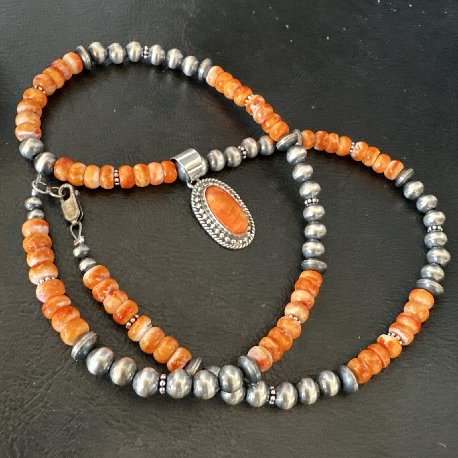 Orange Spiny Oyster Navajo Pearls Sterling Silver  Necklace Pendant 18679