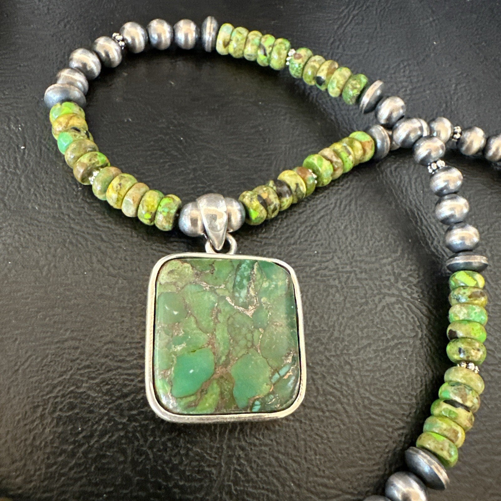 Womens Green Gaspeite Turquoise Pendant Navajo Sterling Silver Necklace 18368