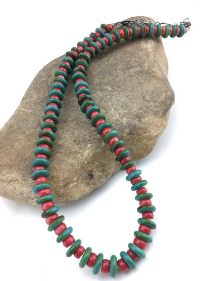 Native Mens Turquoise & Coral Bead Navajo Sterling Silver Necklace 22" 3712