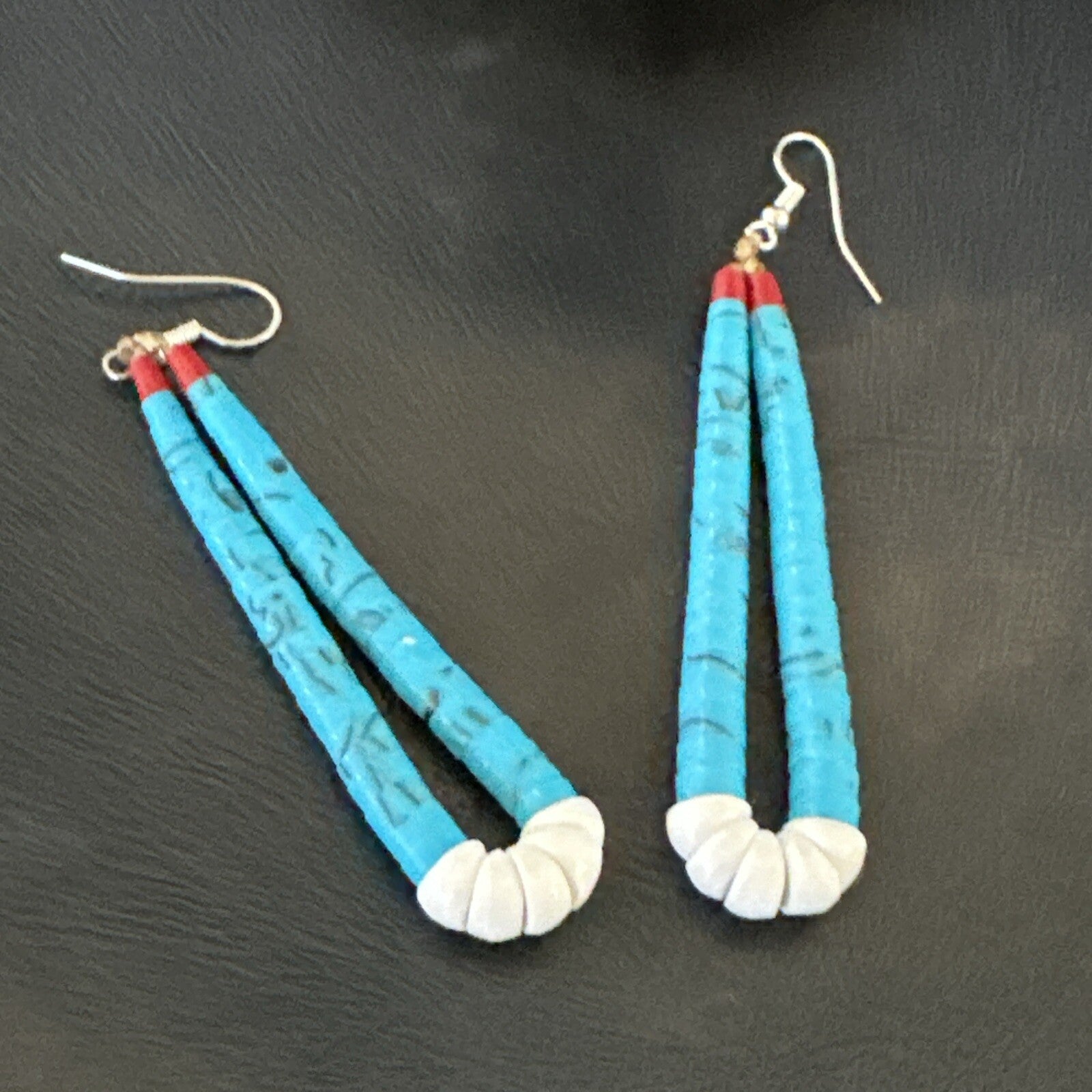 Blue Turquoise White Santo Domingo Sterling Silver Dangle Earrings 2.75” 18164