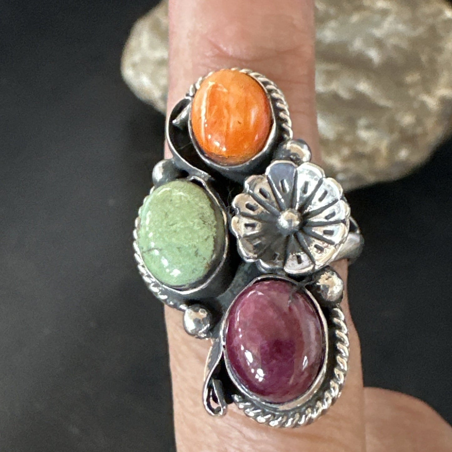 Multicolor Ring Turquoise Spiny Navajo Sterling Silver Cluster Size 8 19169