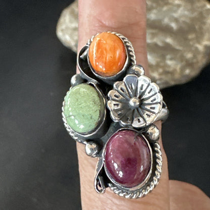 Multicolor Ring Turquoise Spiny Navajo Sterling Silver Cluster Size 8 19169