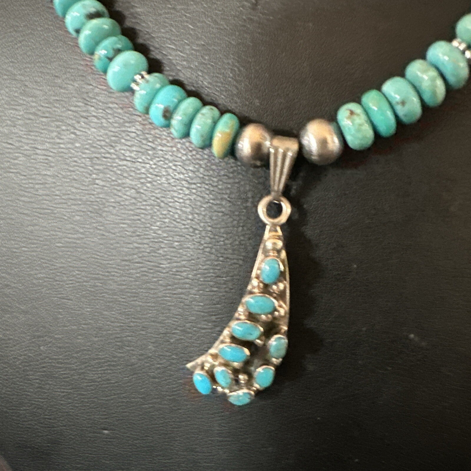 Mens Blue Turquoise Cluster Pendant Navajo Pearls Sterling Silver Necklace 17895