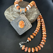 H Joe Orange Spiny Oyster Pendant Navajo Necklace | Sterling Silver | Authentic Native American Handmade | 19481