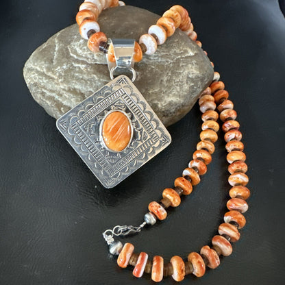 H Joe Orange Spiny Oyster Pendant Navajo Sterling Silver Necklace 19481