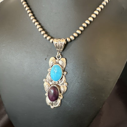 Blue Kingman Turquoise  Purple Stone Pendant Navajo Sterling Silver 18038