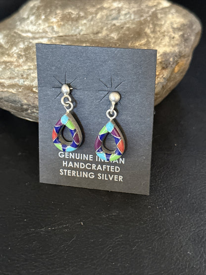 Turquoise Spiny Oyster & Opal Navajo Sterling Silver Inlay Earrings 1” 14411