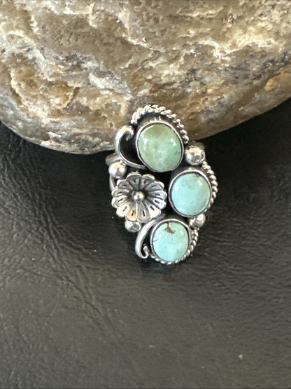 Yazzie Ring Green Turquoise Navajo Sterling Silver Cluster Size 8 19199