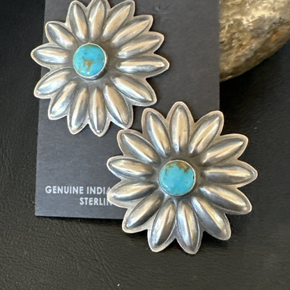 Navajo Blue Turquoise Sterling Silver Stamped Flower Earrings 19083