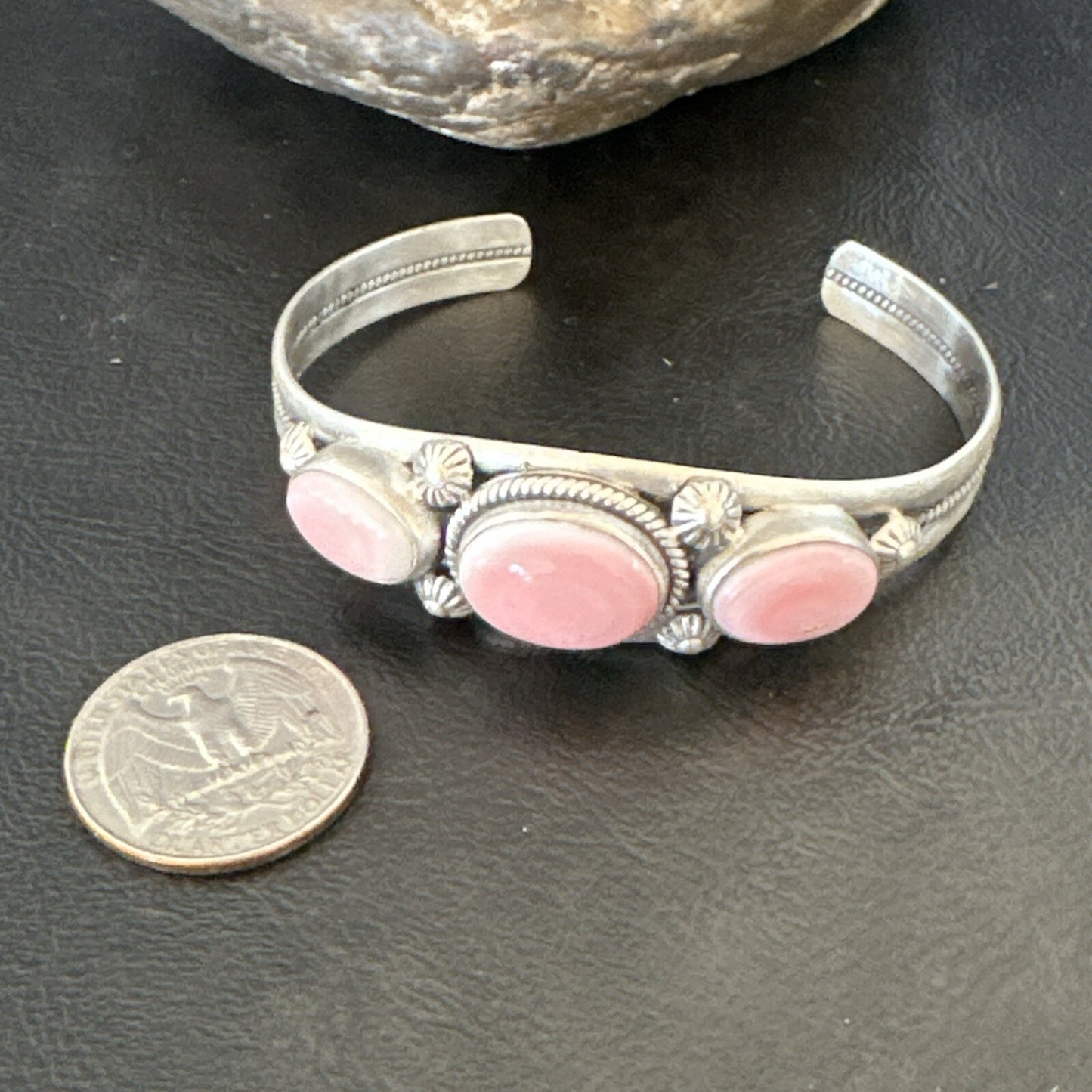 Navajo Pink Conch 3 Stone Sterling Silver Cuff Bracelet 18852