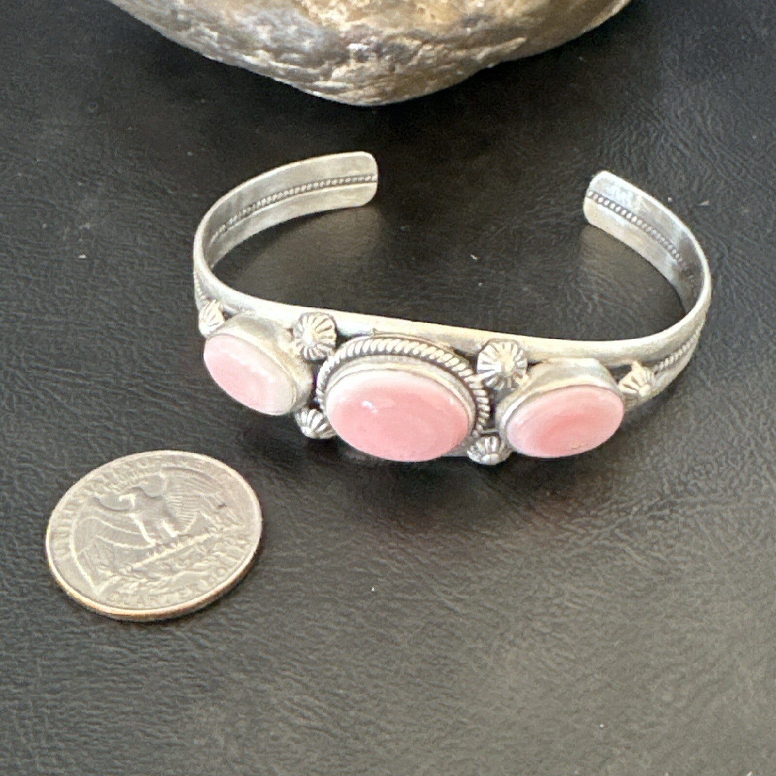 Navajo Pink Conch 3 Stone Sterling Silver Cuff Bracelet 18852