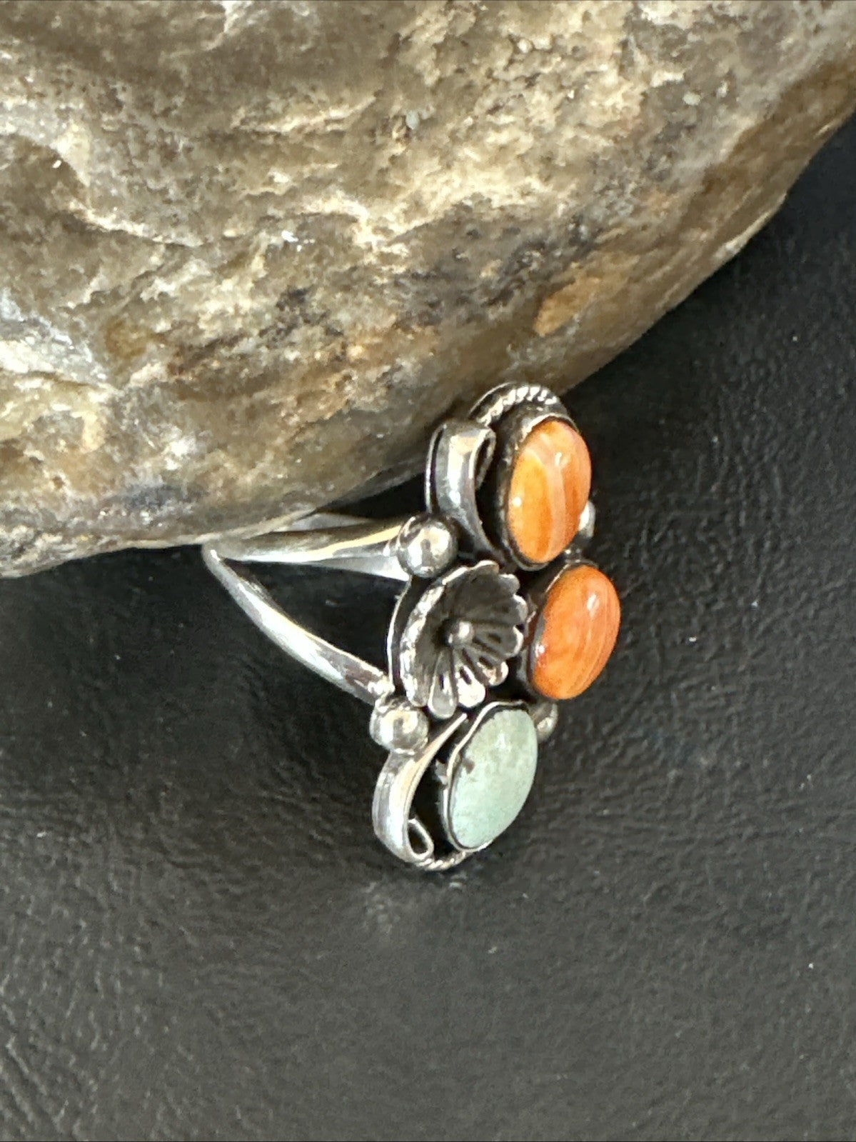 Multicolor Ring Turquoise Spiny Navajo Sterling Silver Cluster Size 8.5 19188
