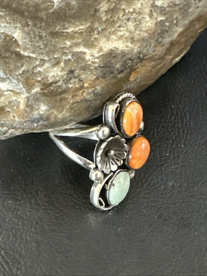 Multicolor Ring Turquoise Spiny Navajo Sterling Silver Cluster Size 8.5 19188
