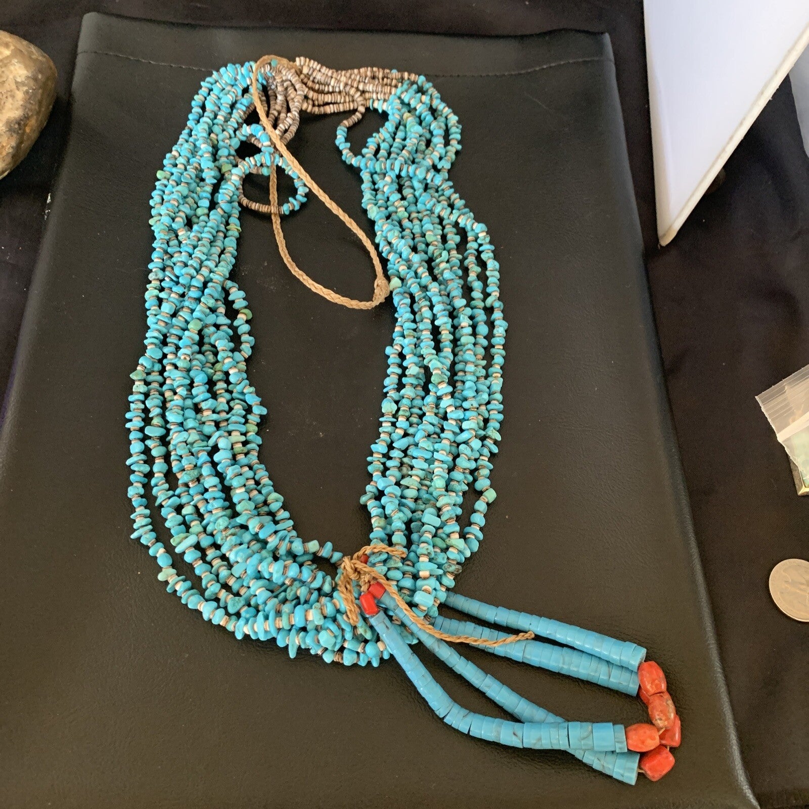 Native American Santo Domingo Blue Turquoise Coral 10S 38in Necklace 19031