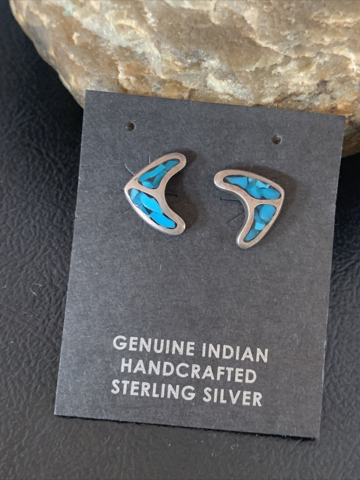 Womens Chip Inlay Earrings Navajo Blue Turquoise Sterling Silver Stud 0.5" 13111
