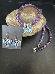Butterfly Navajo Purple Amethyst Opal Necklace Earrings | Sterling Silver | Authentic Native American Handmade | 15299