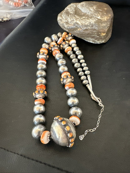 XL Orange Spiny Oyster Navajo Pearls Graduated Sterling Bead Necklace 25" 19610