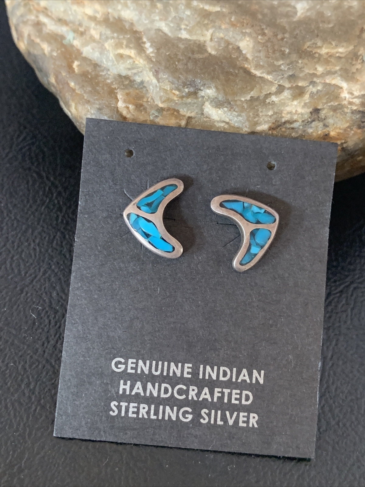 Womens Chip Inlay Earrings Navajo Blue Turquoise Sterling Silver Stud 0.5" 13111