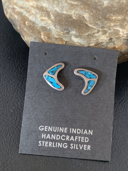 Womens Chip Inlay Earrings Navajo Blue Turquoise Sterling Silver Stud 0.5" 13111