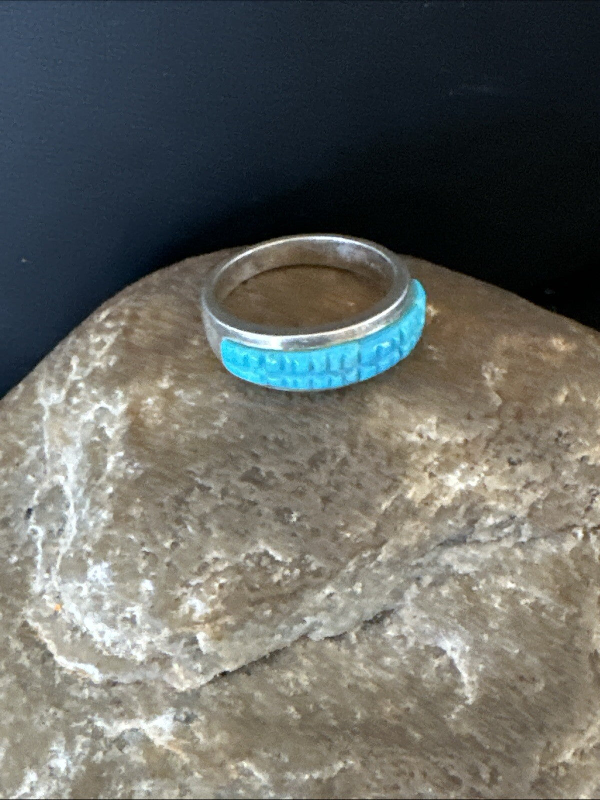 Blue Turquoise Navajo Sterling Silver Corn Inlay Band Ring Size 8.5 18815