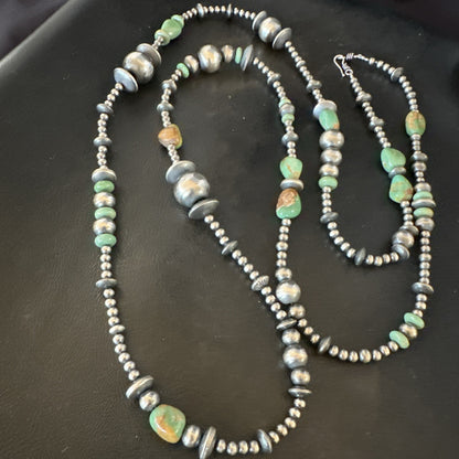 Native Navajo Sterling Silver Beads Green Royston Turquoise 48in Necklace 19116