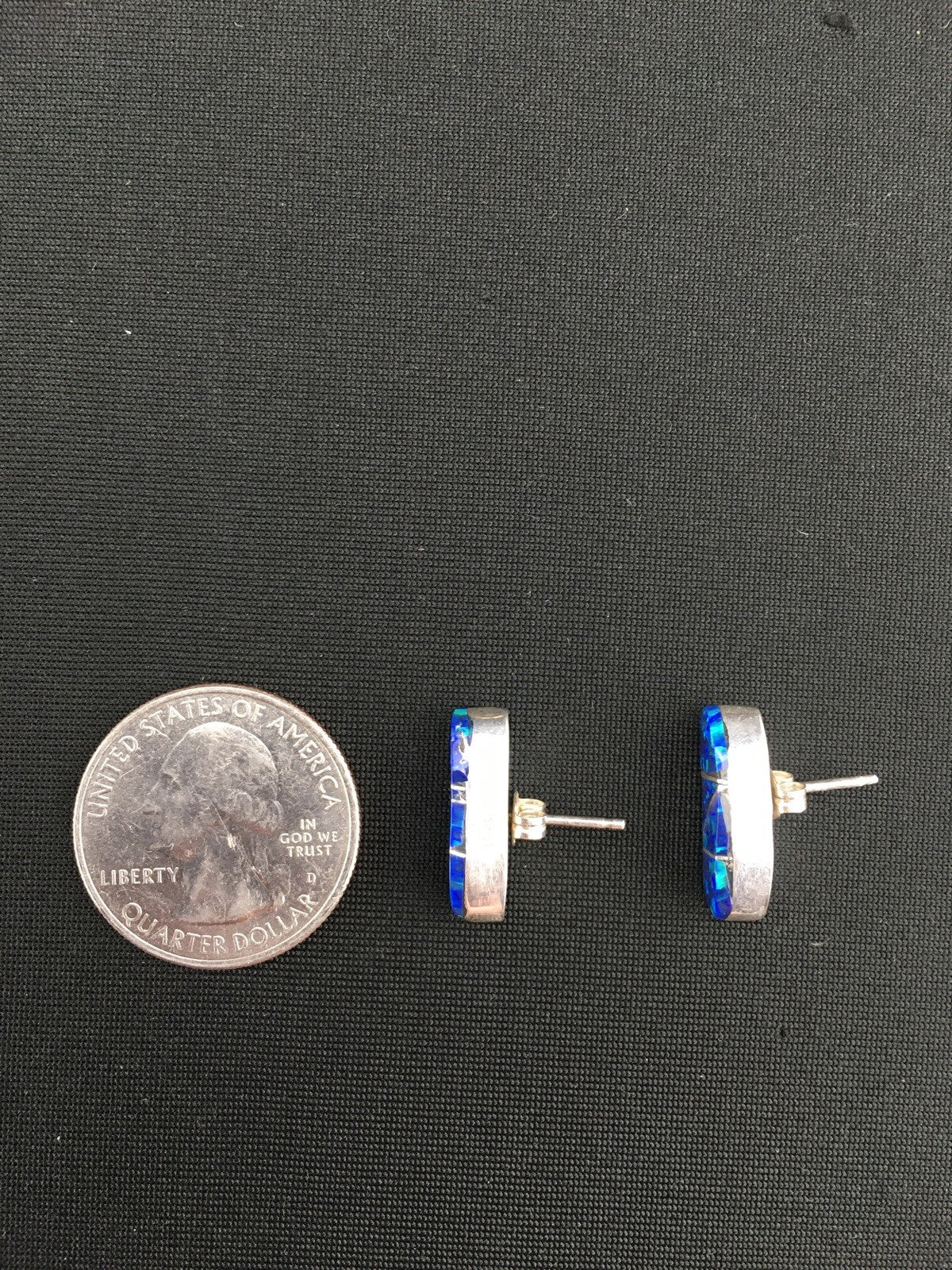 Navajo Indian Sterling Silver Handmade Blue Opal Inlay Earrings 0.75" 1331