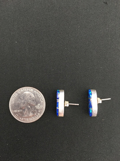 Navajo Indian Sterling Silver Handmade Blue Opal Inlay Earrings 0.75" 1331