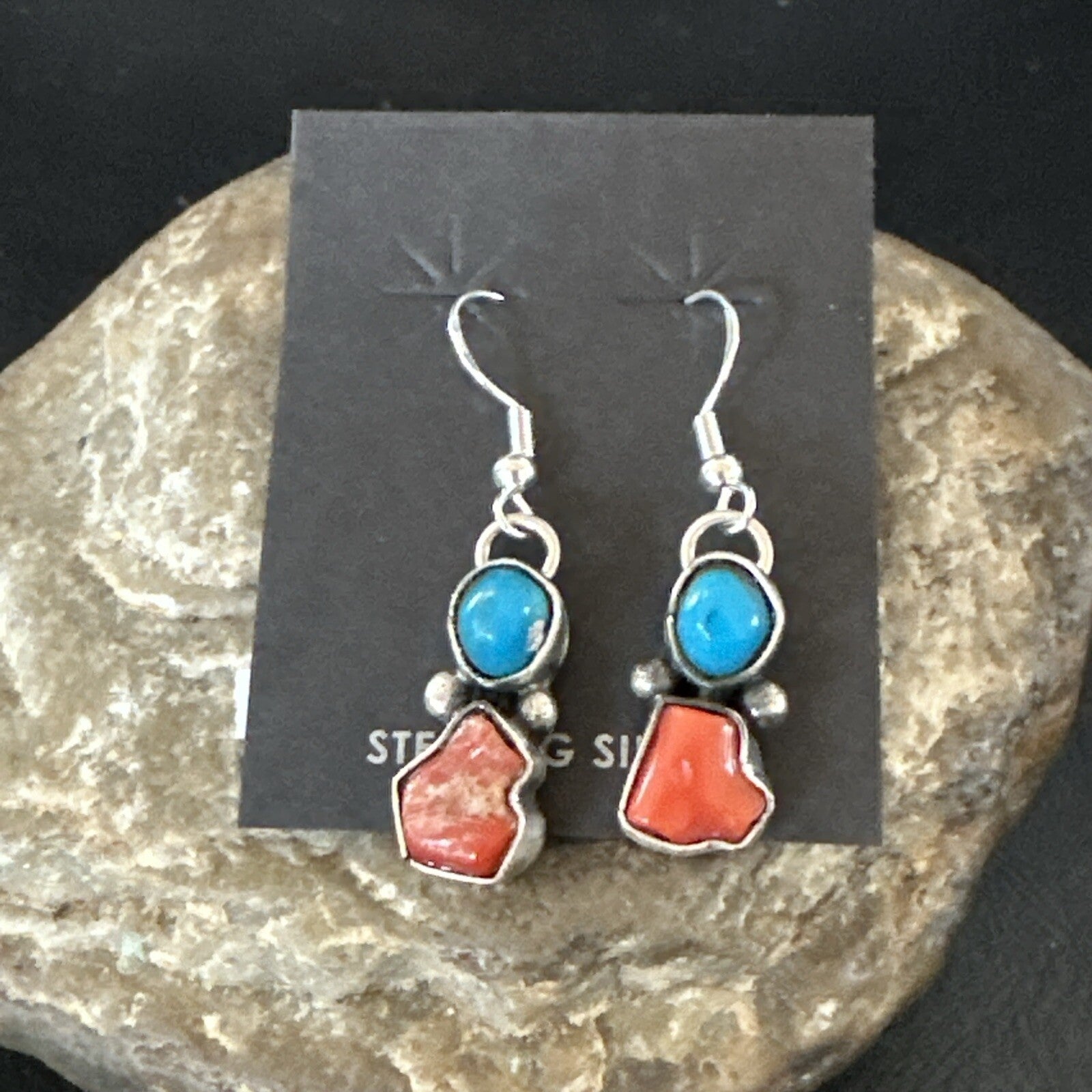 Handmade Blue Turquoise Red Coral Sterling Silver Navajo Dangle Earrings 18839