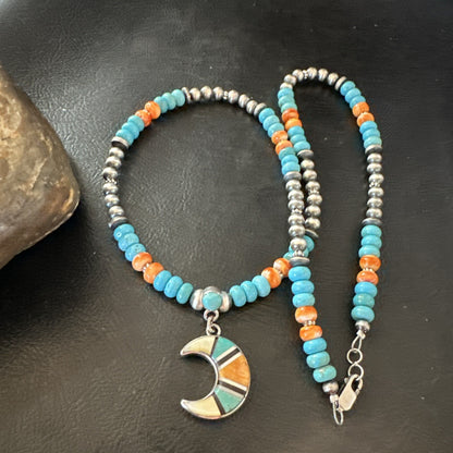 Crescent Multicolor Turquoise Pendant Navajo Sterling Silver Necklace 18731